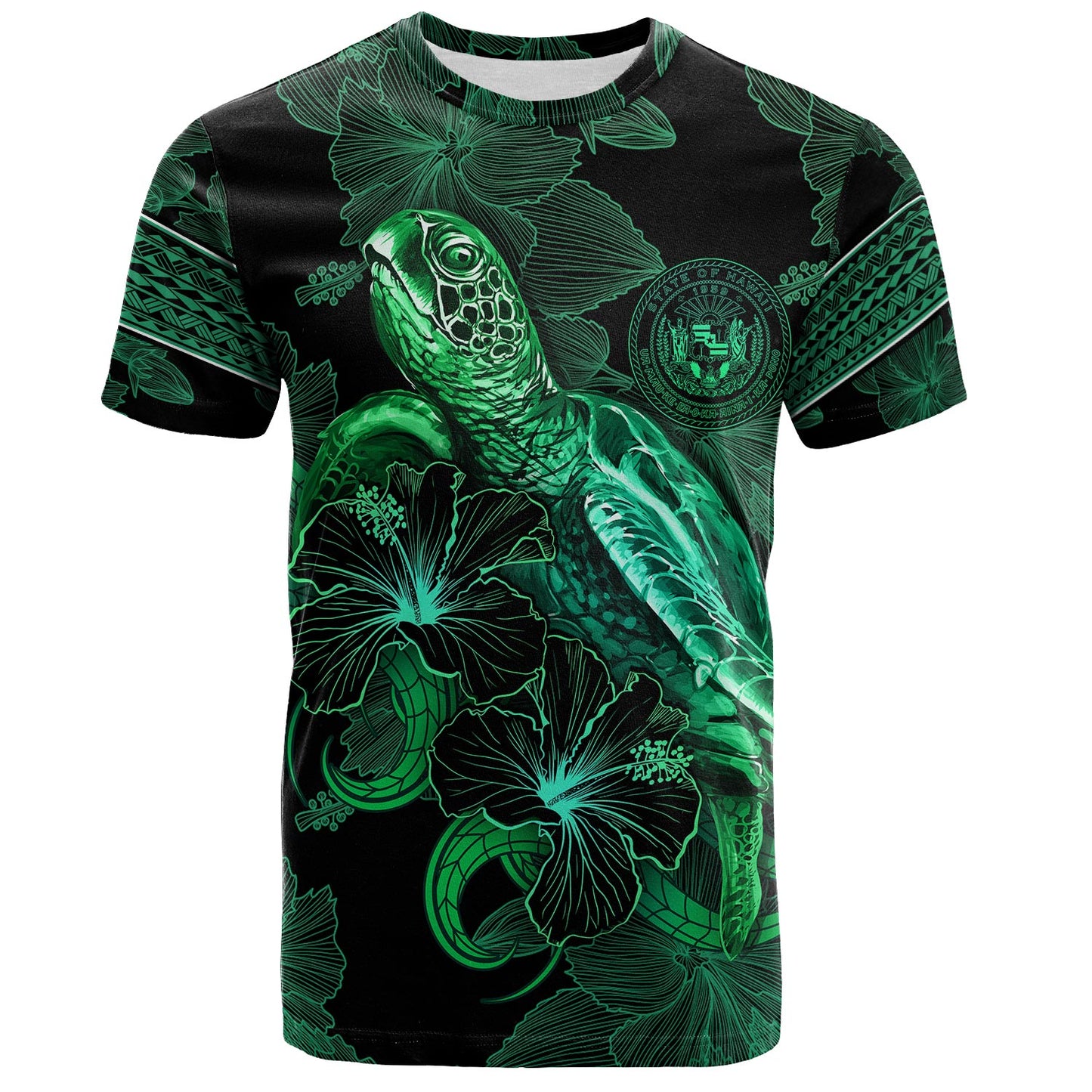 Hawaii T-Shirt  Sea Turtle With Blooming Hibiscus Flowers Tribal Green