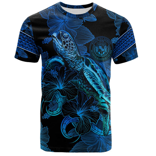 Hawaii T-Shirt Sea Turtle With Blooming Hibiscus Flowers Tribal Blue