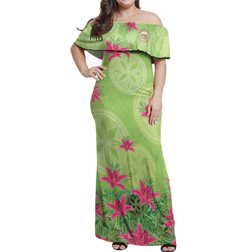 Hawaii Off Shoulder Long Dress Lilies With Polynesian Pattern