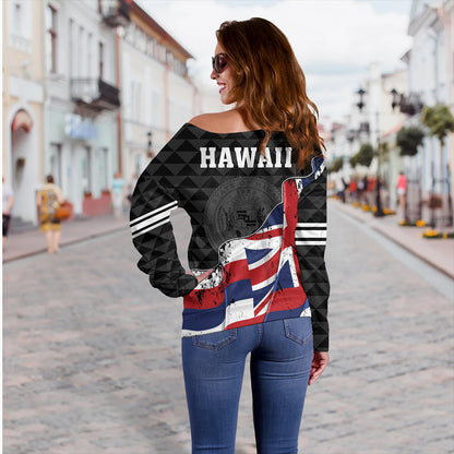 Hawaii Off Shoulder Sweatshirt Flag Alohawaii Kakau Pattern