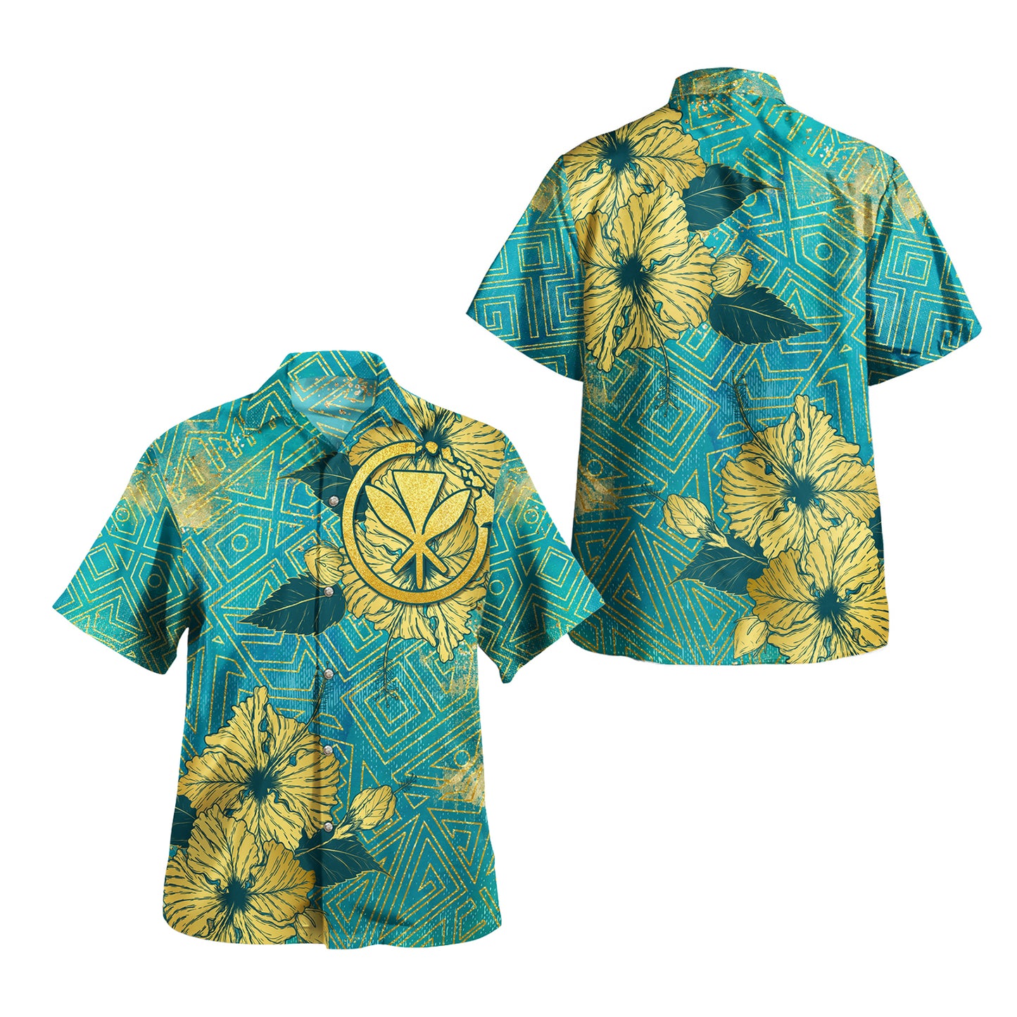 Hawaii Combo Off Shoulder Long Dress And Shirt Golden Hibiscus Turquoise Color Tribal Pattern