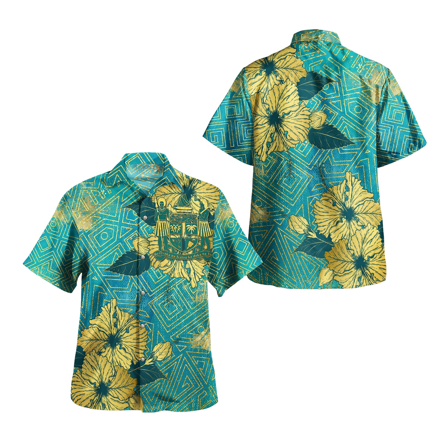Fiji Combo Puletasi And Shirt Golden Hibiscus Turquoise Color Tribal Pattern
