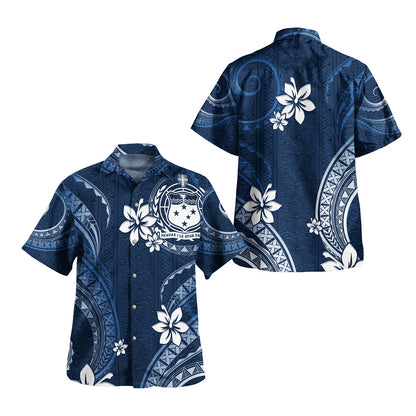 Samoa Combo Short Sleeve Dress And Shirt White Hibiscus Blue Tribal Pattern