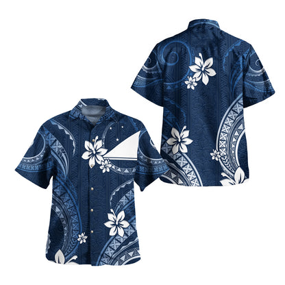 Tokelau Combo Off Shoulder Long Dress And Shirt White Hibiscus Blue Pattern