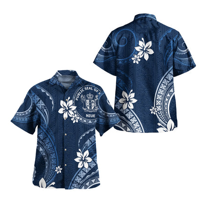 Niue Combo Off Shoulder Long Dress And Shirt White Hibiscus Blue Pattern