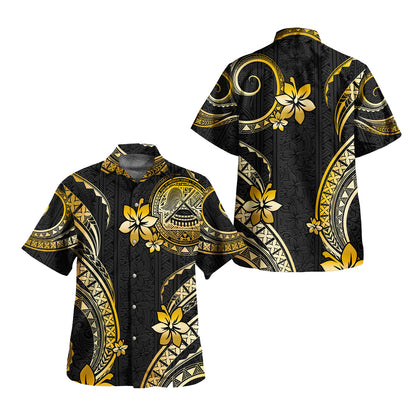 American Samoa Combo Short Sleeve Dress And Shirt Golden Polynesian Pattern