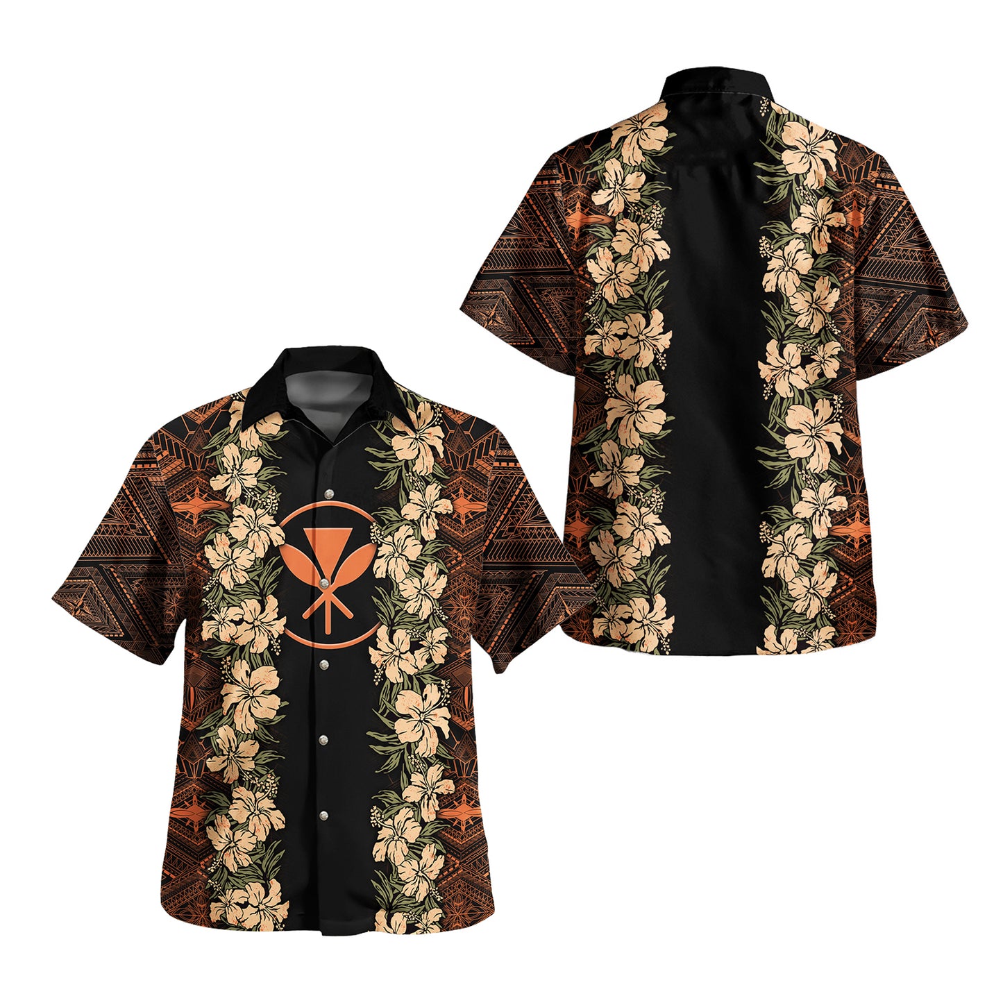 Hawaii Combo Off Shoulder Long Dress And Shirt Kanaka Maoli Orange Polynesian Pattern With Hibiscus