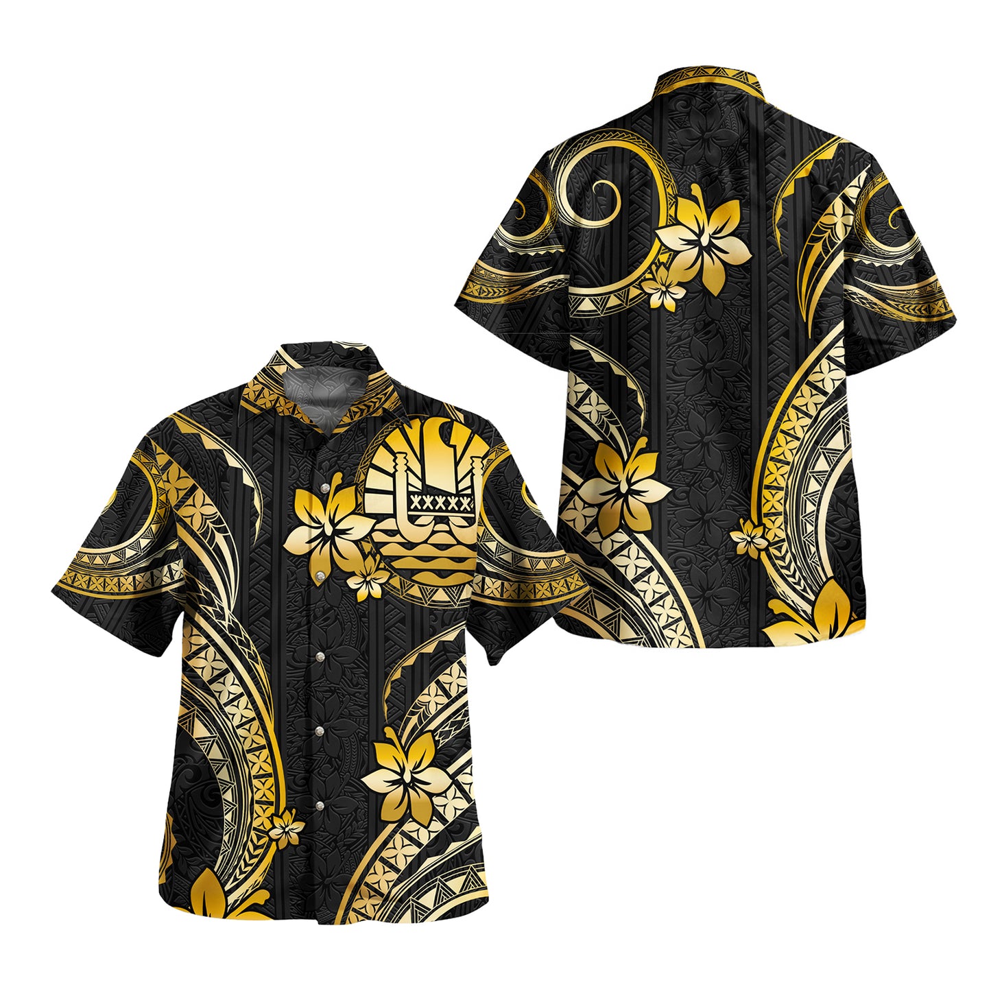 Tahiti Combo Off Shoulder Long Dress And Shirt Golden Polynesian Pattern