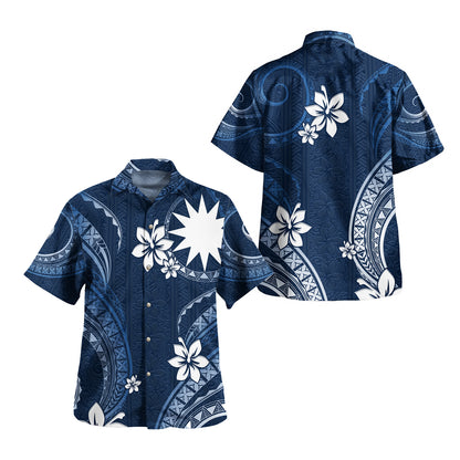 Nauru Combo Off Shoulder Long Dress And Shirt White Hibiscus Blue Pattern