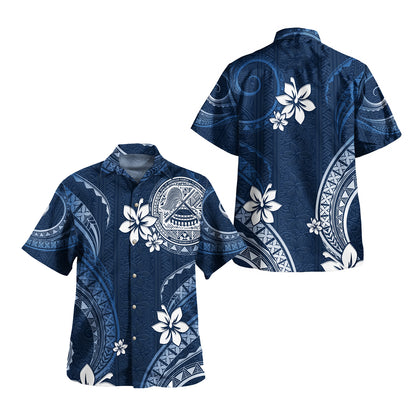 American Samoa Combo Puletasi And Shirt White Hibiscus Blue Tribal Pattern