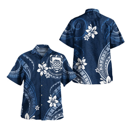 Tuvalu Combo Off Shoulder Long Dress And Shirt White Hibiscus Blue Pattern