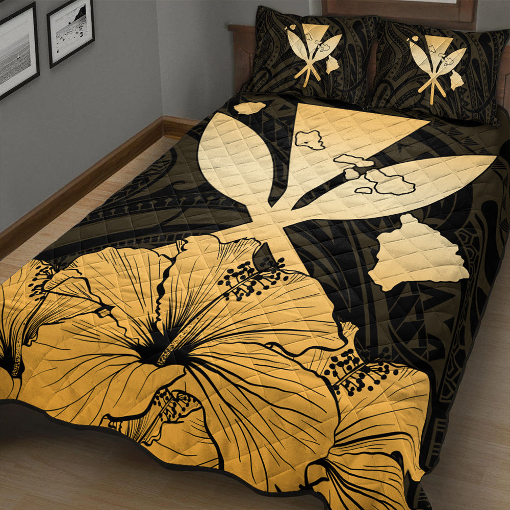 Hawaiian Quilt Bed Set Kanaka Maoli Hibiscus Polynesian Love Gold