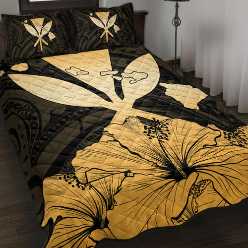 Hawaiian Quilt Bed Set Kanaka Maoli Hibiscus Polynesian Love Gold