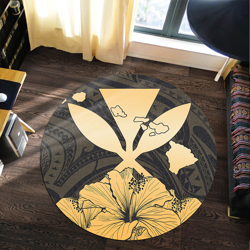 Hawaiian Round Rug Kanaka Maoli Hibiscus Polynesian Love Gold
