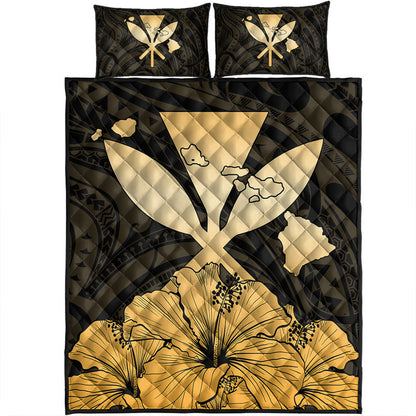 Hawaiian Quilt Bed Set Kanaka Maoli Hibiscus Polynesian Love Gold