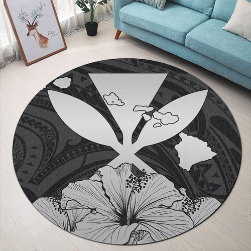 Hawaiian Round Rug Kanaka Maoli Hibiscus Polynesian Love Gray