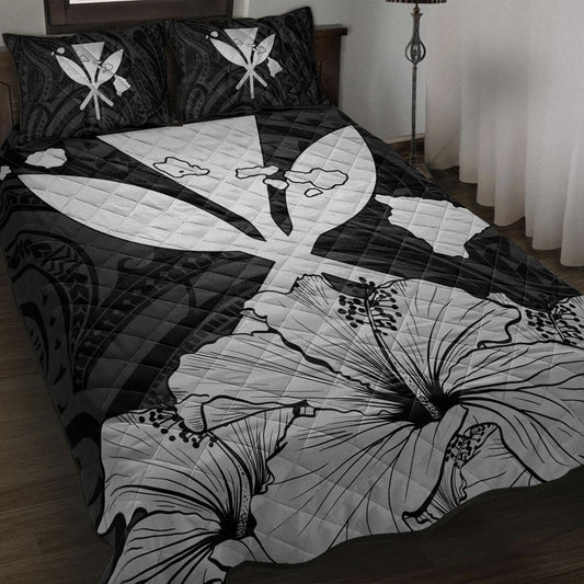 Hawaiian Quilt Bed Set Kanaka Maoli Hibiscus Polynesian Love Gray