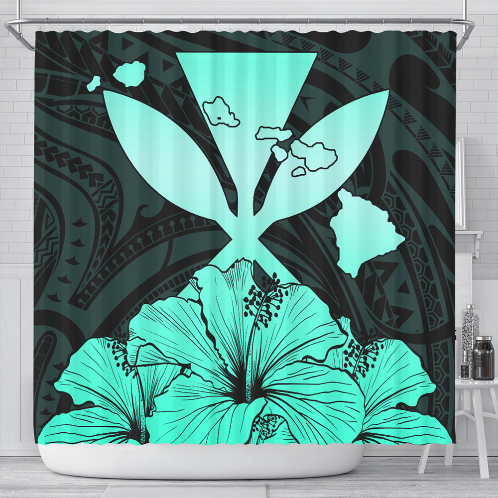 Hawaiian Shower Curtain Kanaka Maoli Hibiscus Polynesian Love Turquoise