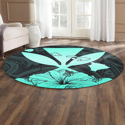 Hawaiian Round Rug Kanaka Maoli Hibiscus Polynesian Love Turquoise