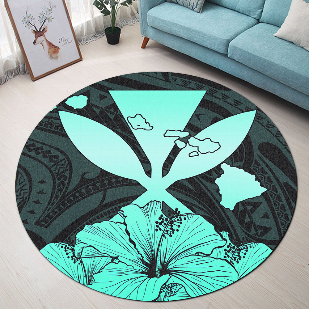 Hawaiian Round Rug Kanaka Maoli Hibiscus Polynesian Love Turquoise