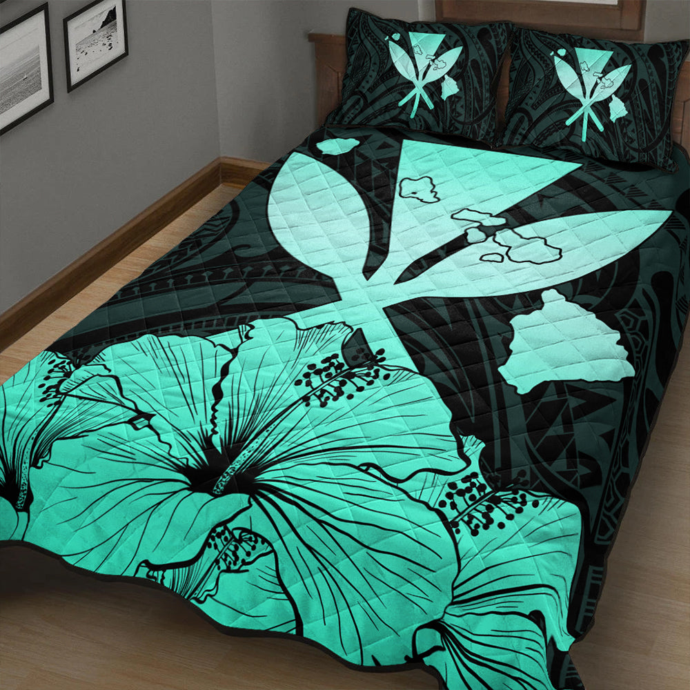 Hawaiian Quilt Bed Set Kanaka Maoli Hibiscus Polynesian Love Turquoise