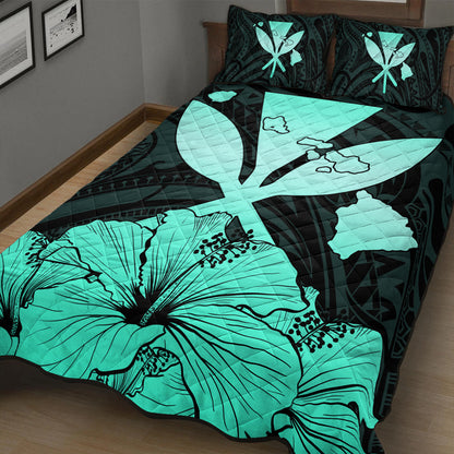 Hawaiian Quilt Bed Set Kanaka Maoli Hibiscus Polynesian Love Turquoise