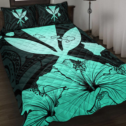 Hawaiian Quilt Bed Set Kanaka Maoli Hibiscus Polynesian Love Turquoise