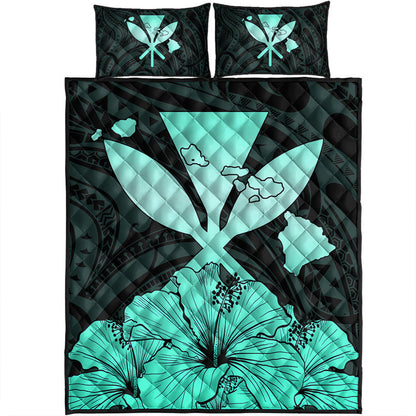 Hawaiian Quilt Bed Set Kanaka Maoli Hibiscus Polynesian Love Turquoise