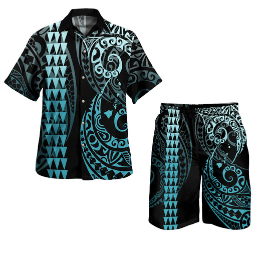 Hawaii Combo Shirts And Shorts Hawaiian Map Kakau Style Turquoise