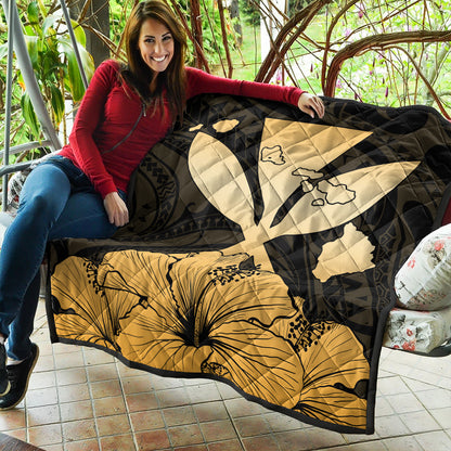 Hawaiian Premium Quilt Kanaka Maoli Hibiscus Polynesian Love Gold