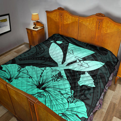 Hawaiian Premium Quilt Kanaka Maoli Hibiscus Polynesian Love Turquoise