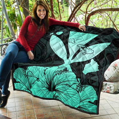 Hawaiian Premium Quilt Kanaka Maoli Hibiscus Polynesian Love Turquoise