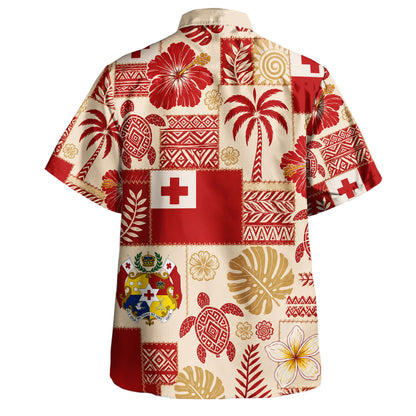 Tonga Hawaiian Shirt Flag Coat Of Arms Turtle Hibiscus Patchwork Style