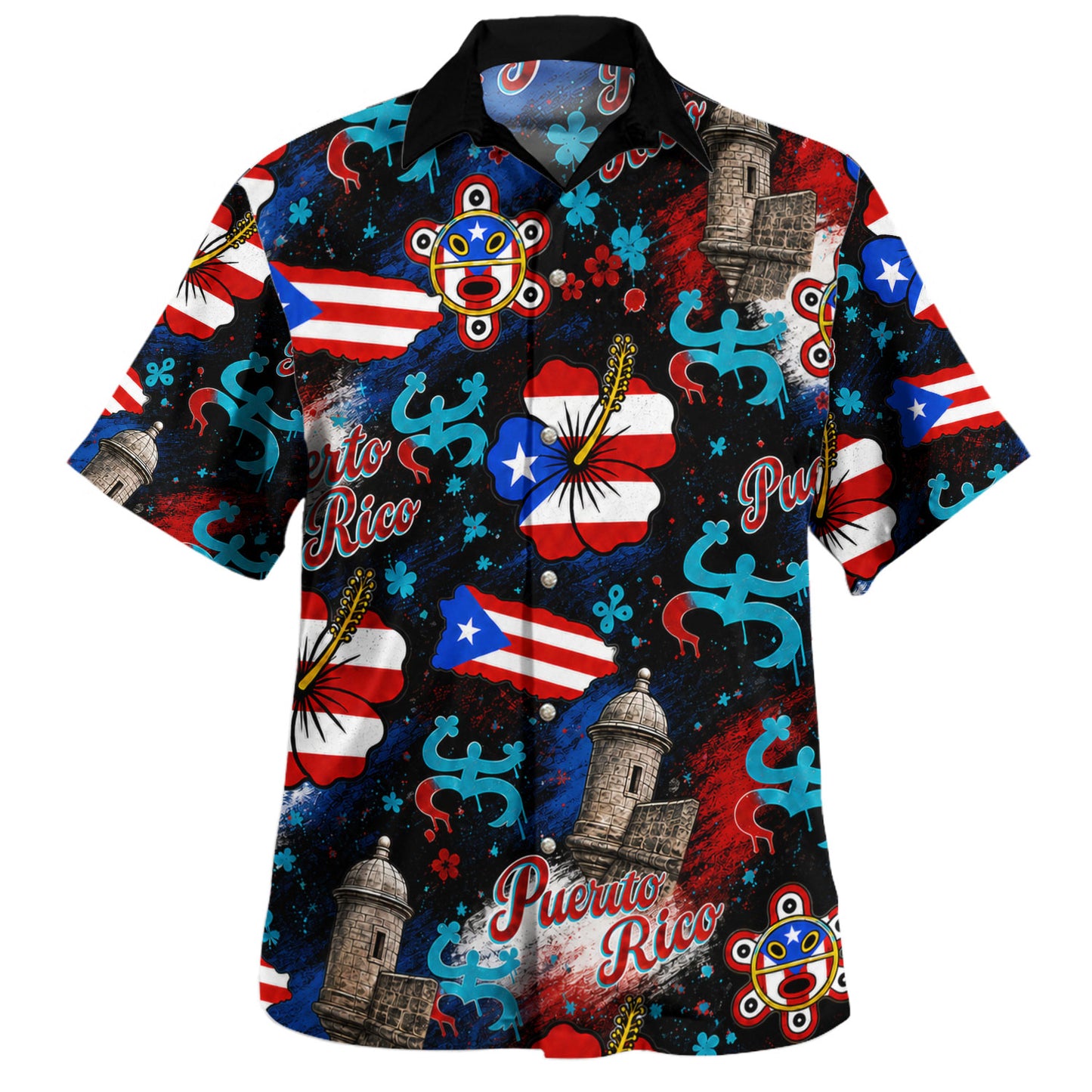 Puerto Rico Hawaiian Shirt Flag Hibiscus Coqui Taino Castle Style