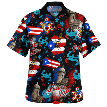Puerto Rico Hawaiian Shirt Flag Hibiscus Coqui Taino Castle Style