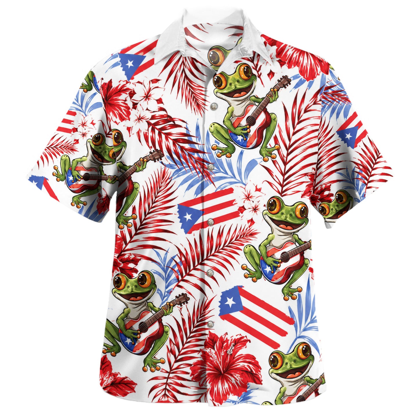 Puerto Rico Hawaiian Shirt Coqui Guitar Tropical Fiesta Style