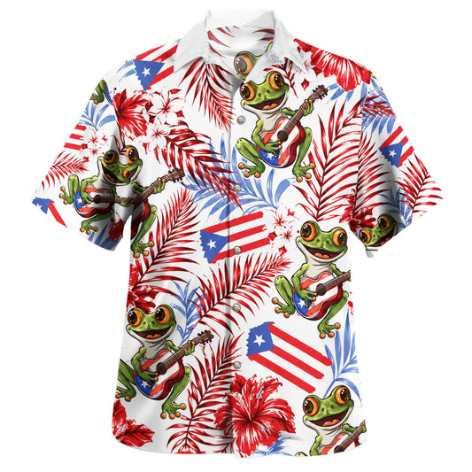 Puerto Rico Hawaiian Shirt Coqui Guitar Tropical Fiesta Style