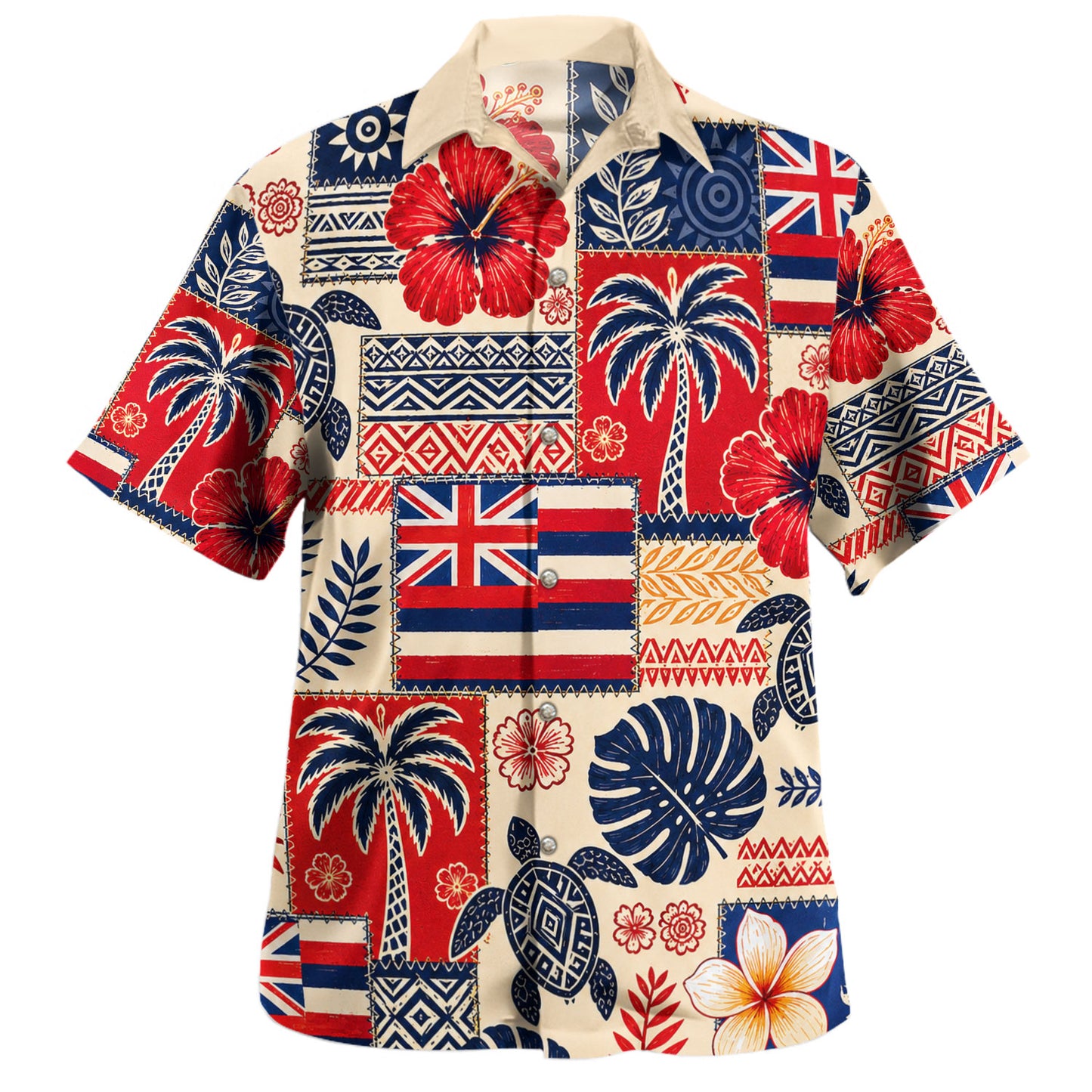 Hawaii Hawaiian Shirt Aloha Flag Tropical Floral Tribal Patchwork Style