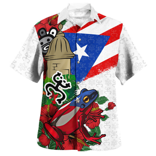 Puerto Rico Hawaiian Shirt Coqui Flag Hibiscus Taino Style