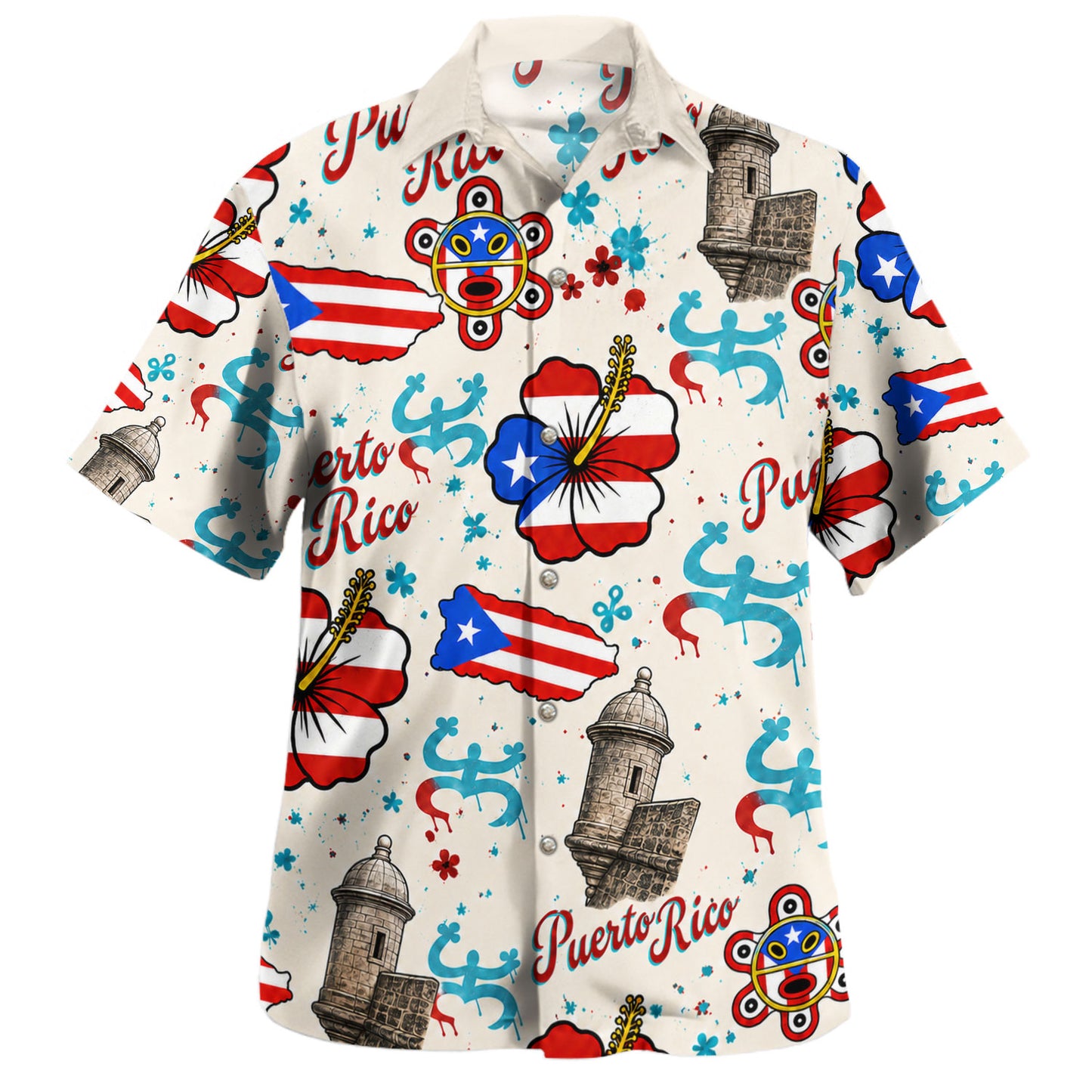 Puerto Rico Hawaiian Shirt Flag Hibiscus Taino Castle Pattern