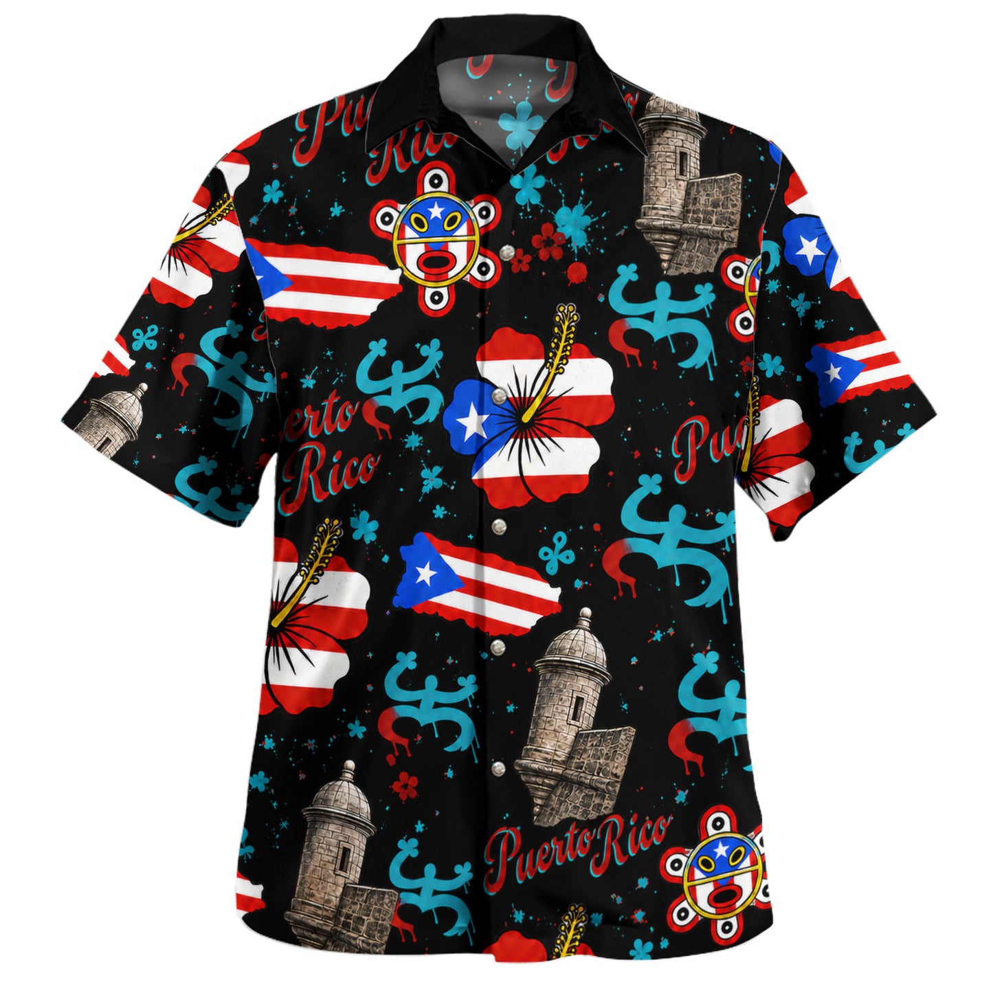 Puerto Rico Hawaiian Shirt Flag Hibiscus Taino Castle Pattern