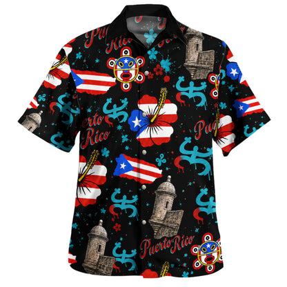 Puerto Rico Hawaiian Shirt Flag Hibiscus Taino Castle Pattern