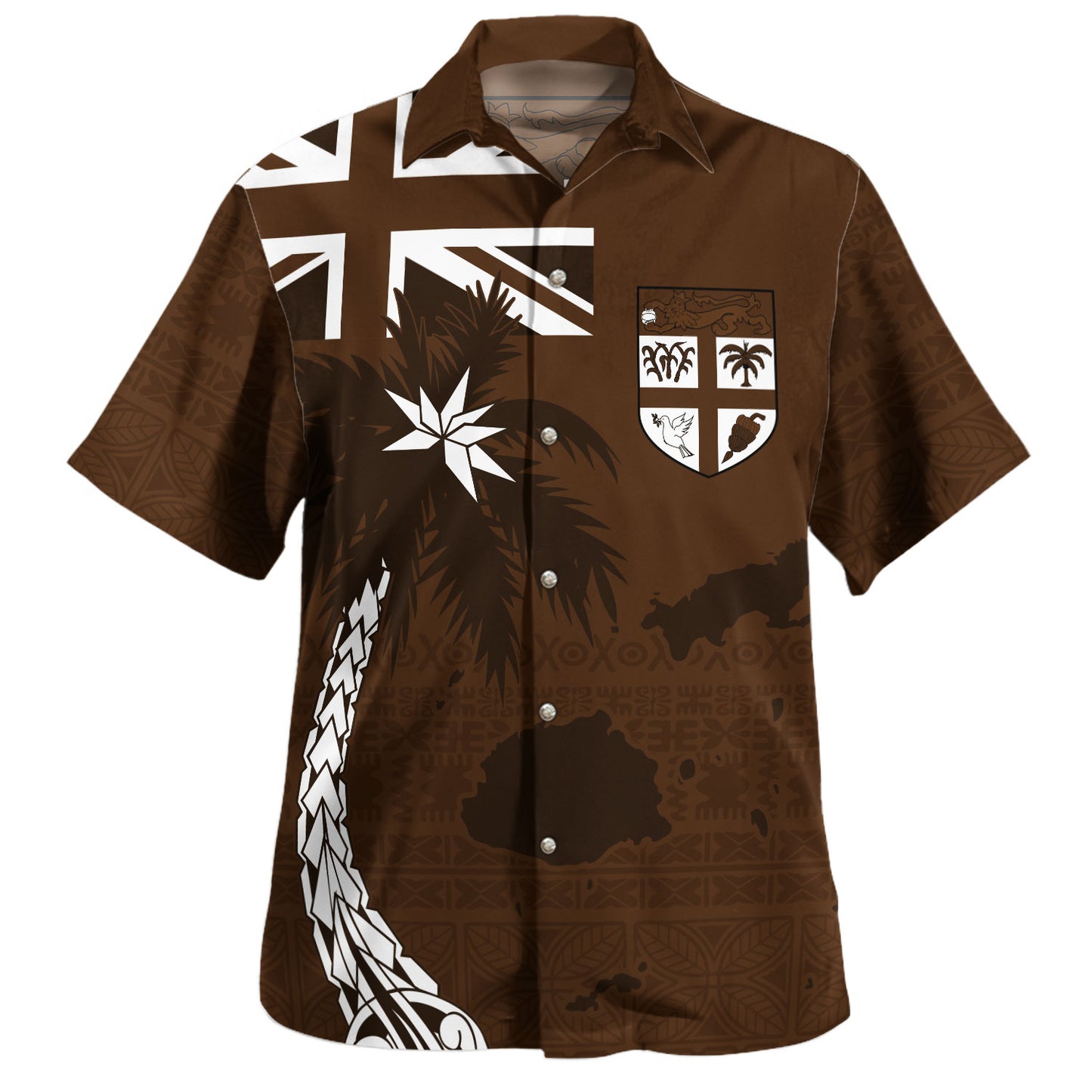 Fiji Hawaiian Shirt Coat Of Arms Flag Islands Brown Tapa Style