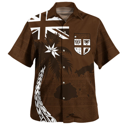 Fiji Hawaiian Shirt Coat Of Arms Flag Islands Brown Tapa Style
