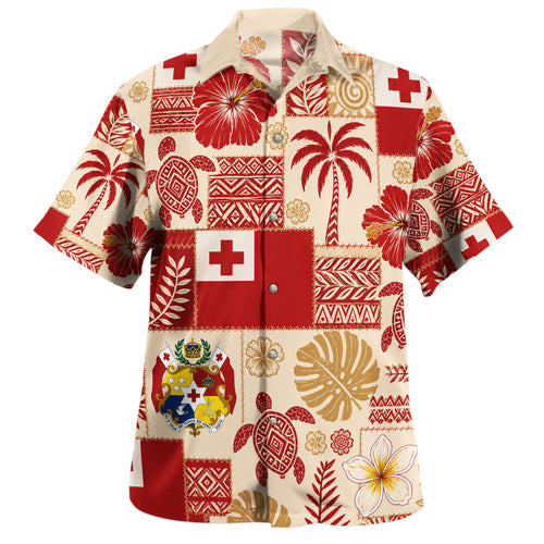 Tonga Hawaiian Shirt Flag Coat Of Arms Turtle Hibiscus Patchwork Style