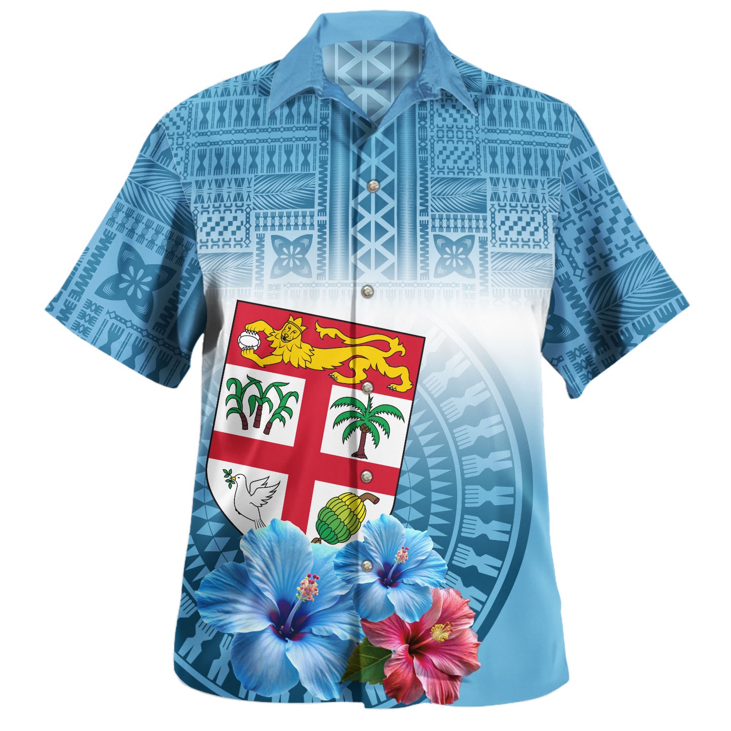 Fiji Hawaiian Shirt Coat Of Arms Hibiscus Blue Tapa Style