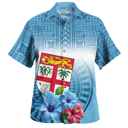 Fiji Hawaiian Shirt Coat Of Arms Hibiscus Blue Tapa Style