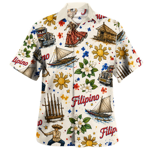 Philippines Filipinos Hawaiian Shirt Jeepney Sampaguita Bahay Kubo Heritage Style