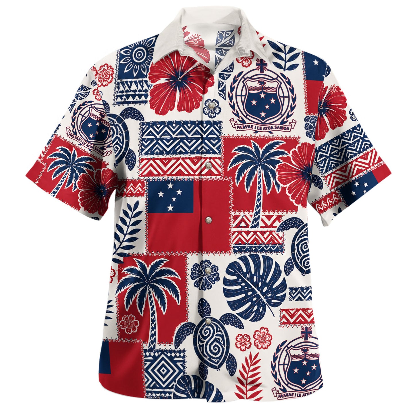 Samoa Hawaiian Shirt Flag Coat Of Arms Turtle Hibiscus Patchwork Style