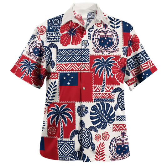 Samoa Hawaiian Shirt Flag Coat Of Arms Turtle Hibiscus Patchwork Style